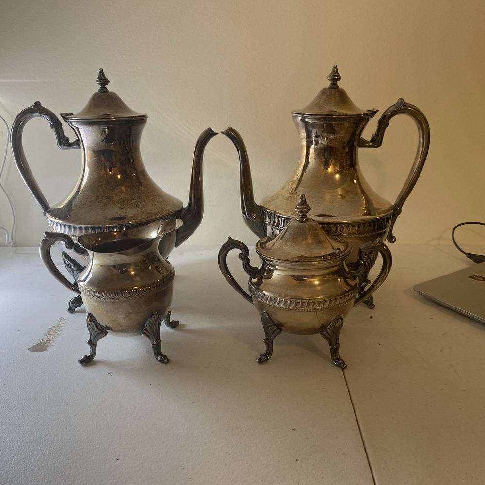 Victorian Silverplate Tea Coffee Set Ornate Silver on Copper Creamer Sugar Bowl